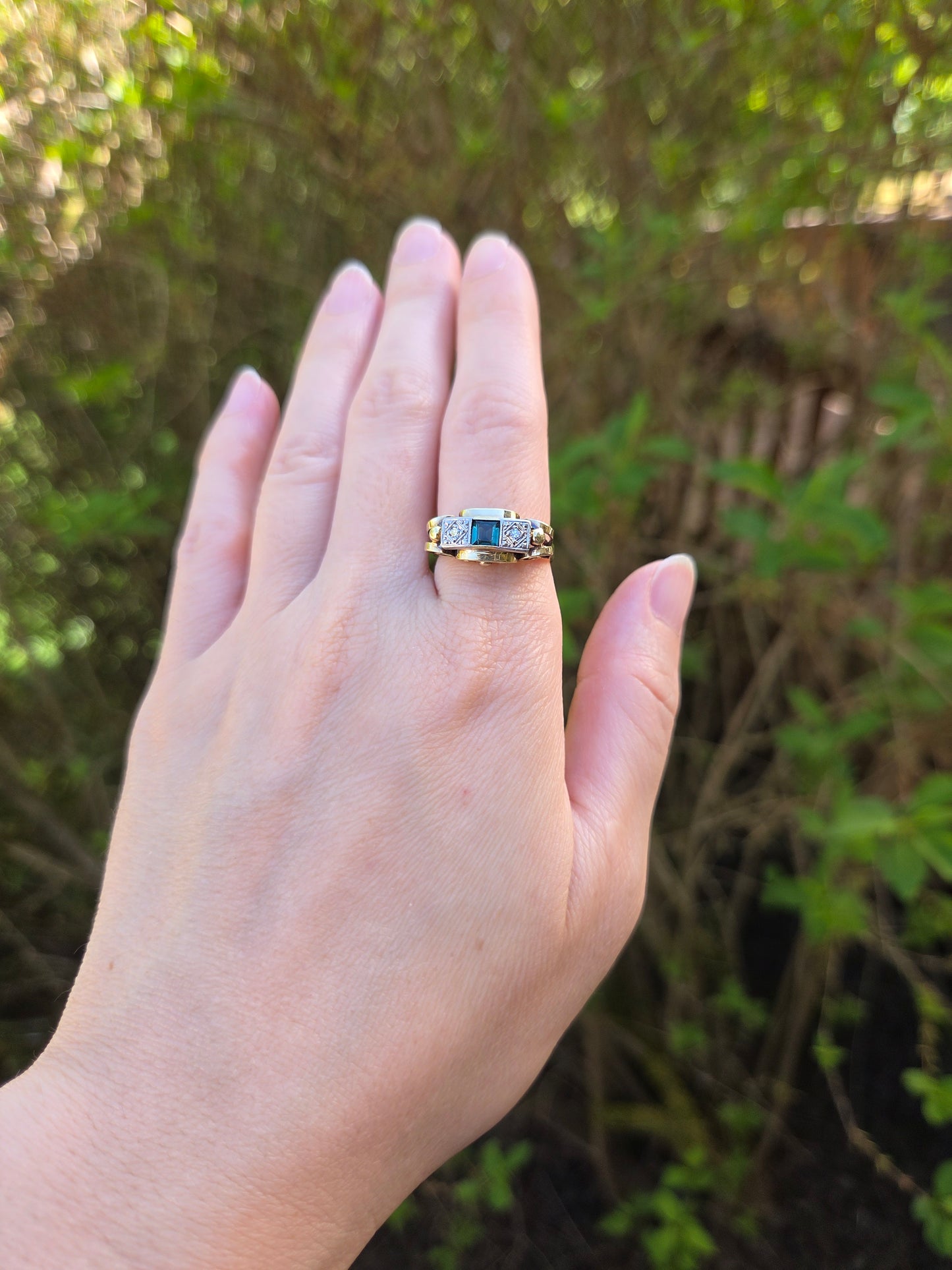 Retro Green Tourmaline and Diamond Tank Ring 14k Gold