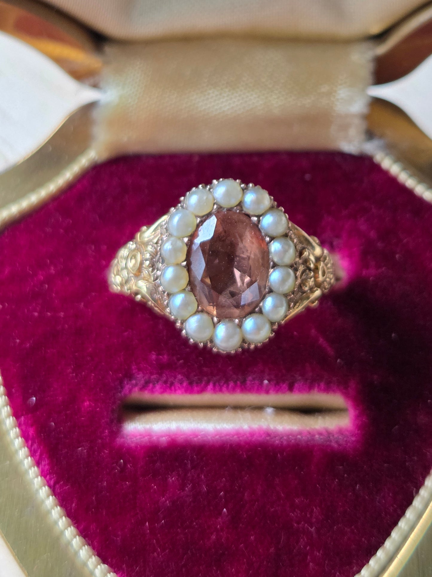 Georgian Imperial Topaz Natural Pearl Halo Ring