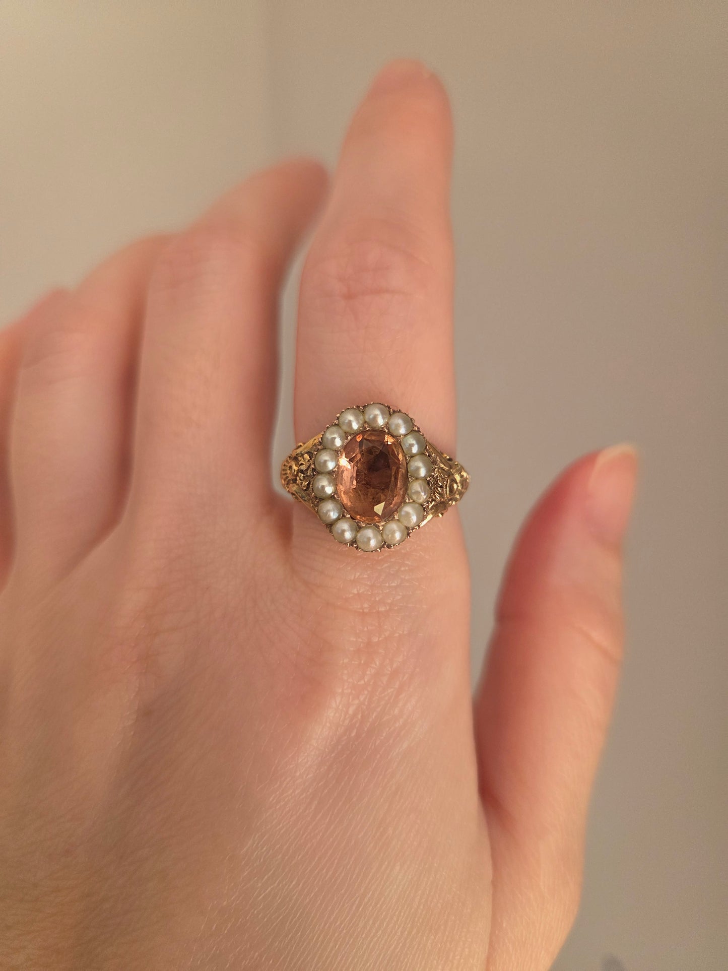 Georgian Imperial Topaz Natural Pearl Halo Ring