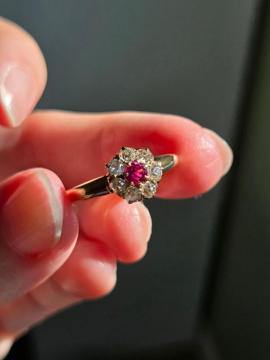 Early Victorian Diamond Daisy Ruby Ring