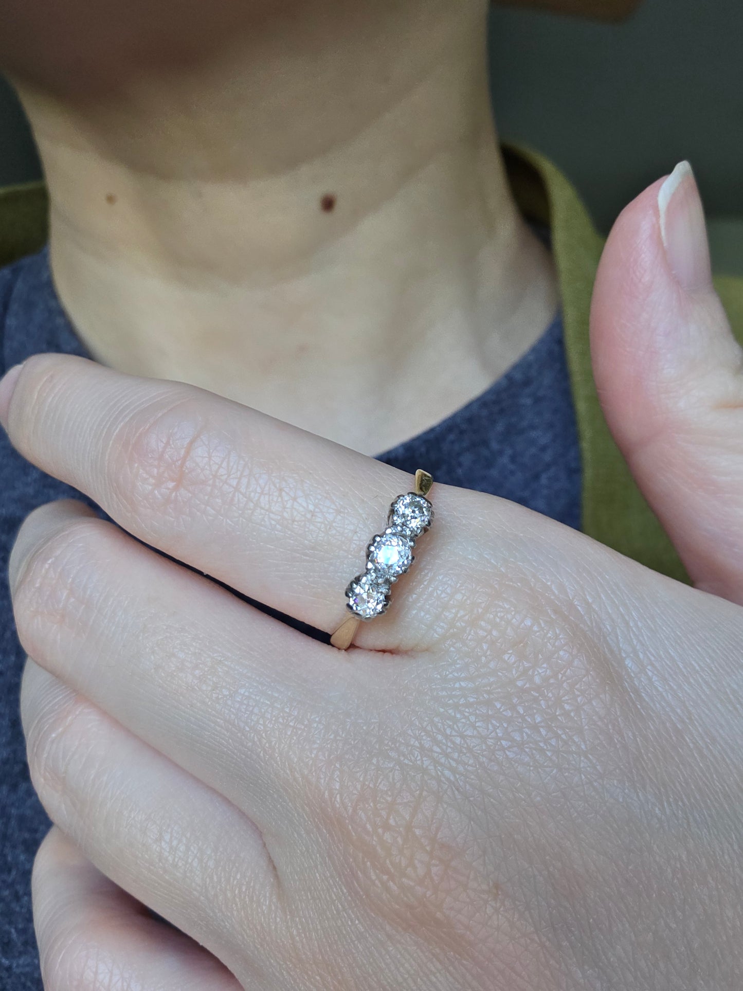 1920s Old Mine Cut Trilogy 0.80ctw Diamond Ring