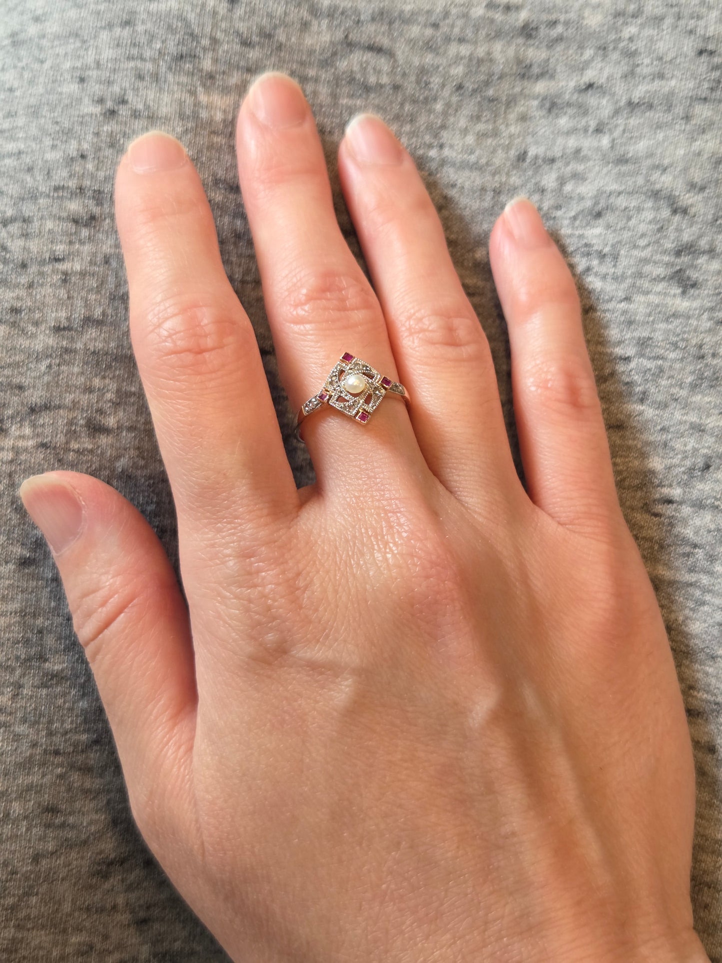 Edwardian Pearl, Ruby, and Diamond Compass Ring Platinum and Rose Gold