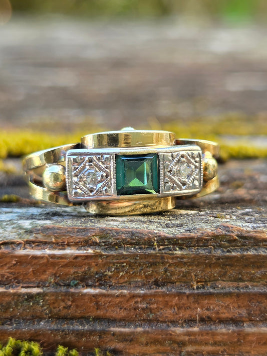 Retro Green Tourmaline and Diamond Tank Ring 14k Gold