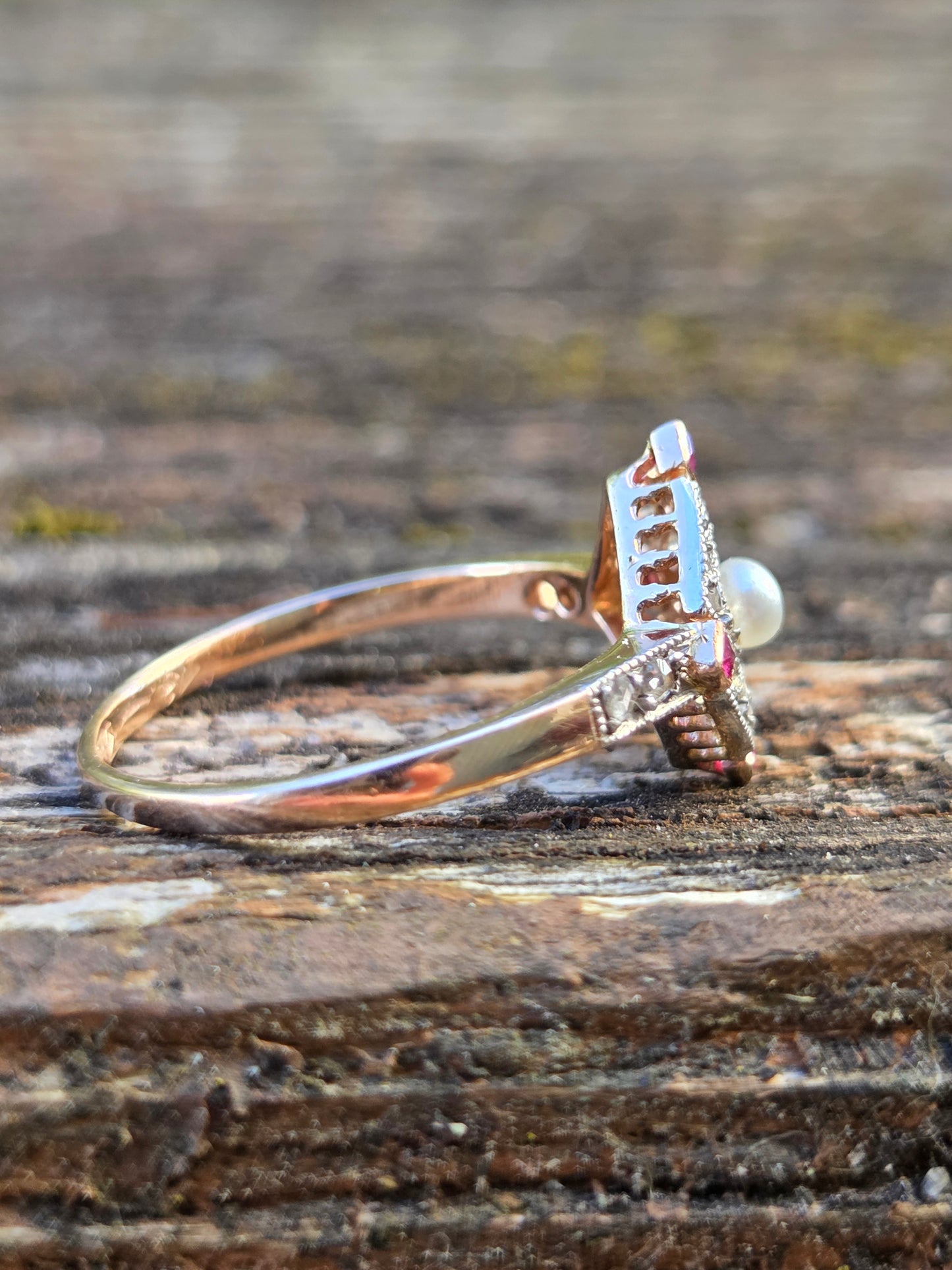 Edwardian Pearl, Ruby, and Diamond Compass Ring Platinum and Rose Gold