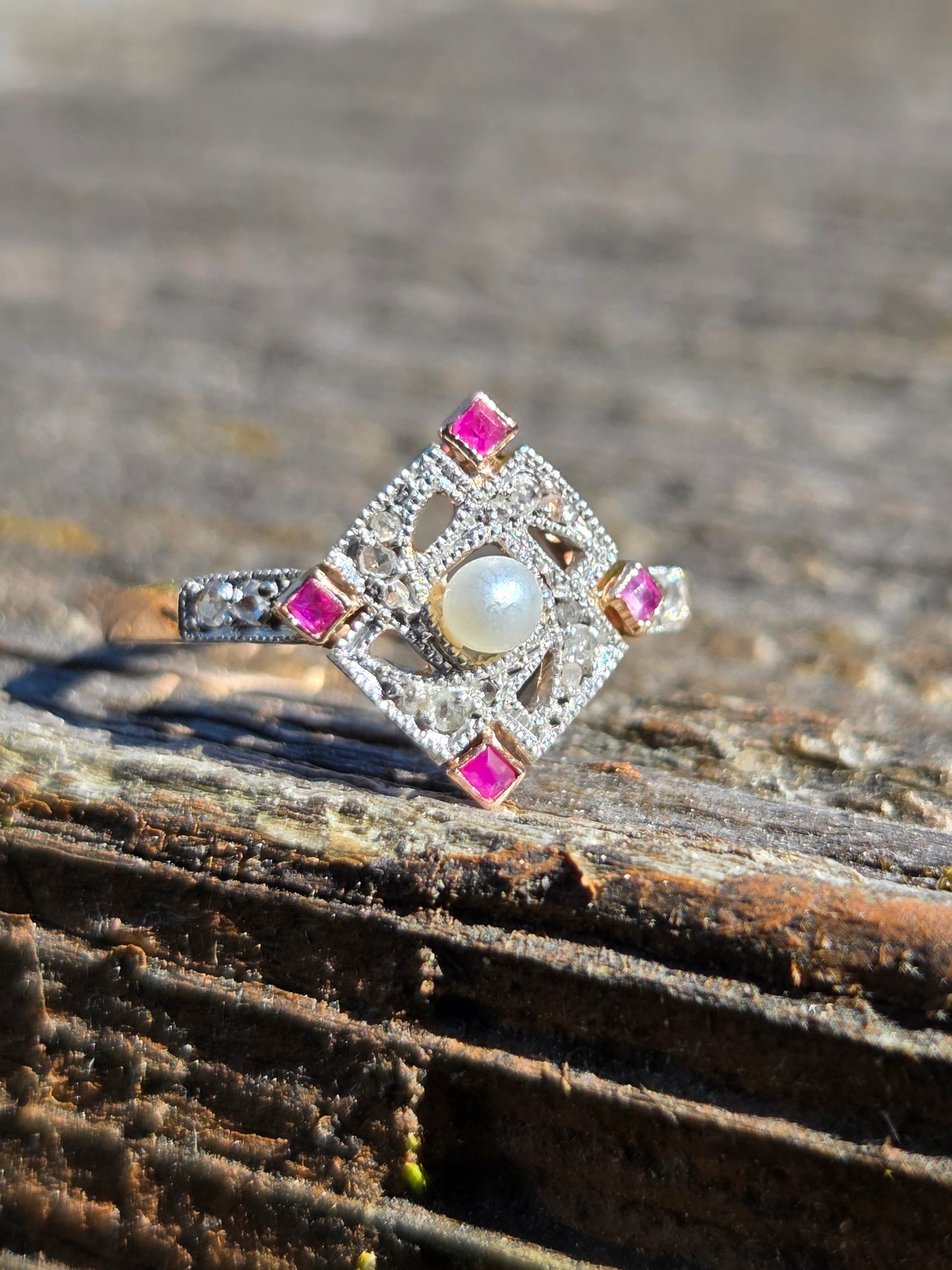 Edwardian Pearl, Ruby, and Diamond Compass Ring Platinum and Rose Gold
