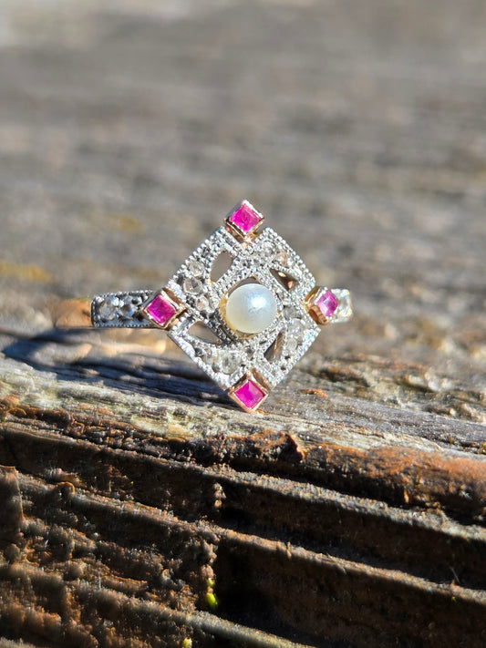 Edwardian Pearl, Ruby, and Diamond Compass Ring Platinum and Rose Gold