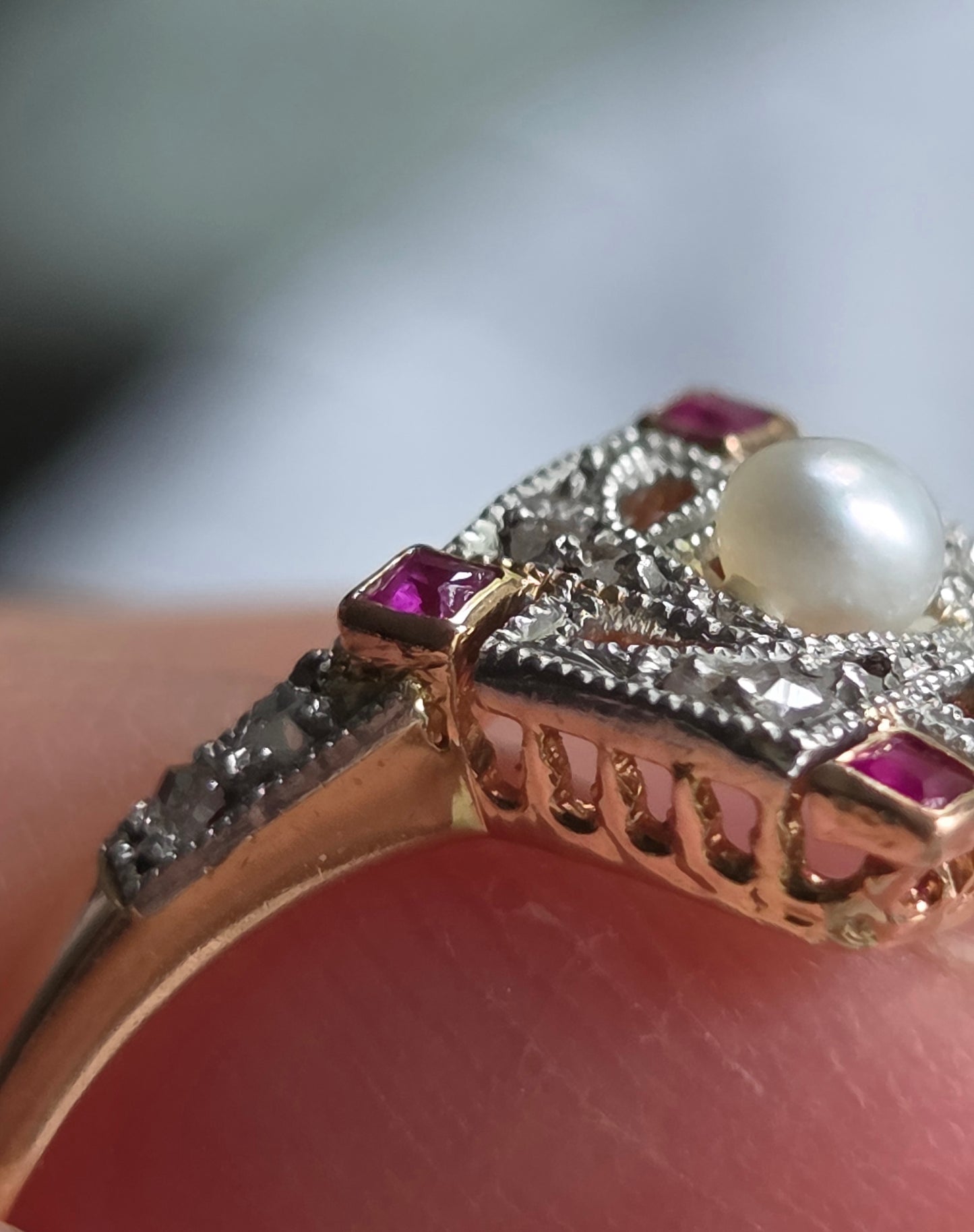 Edwardian Pearl, Ruby, and Diamond Compass Ring Platinum and Rose Gold