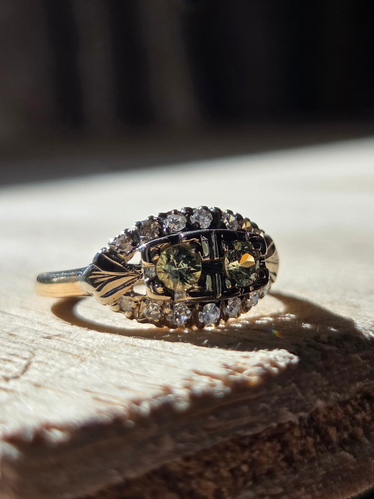 1930s Diamond and Demantoid 14k Gold Ring